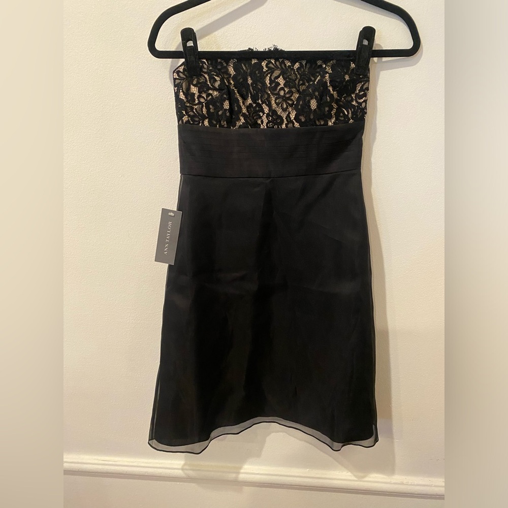 Ann Taylor Black Strapless Dress with Lace Overlay